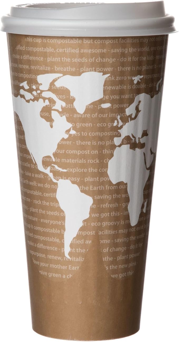 ECO PRODUCTS Compostable Disposable Insulated World Art 20oz Large Coffee Cups, Case of 600, Renewable Double-wall Hot Paper Cup, Plant Based PLA Lining, No Sleeves Needed, Lid Available, Color Coded