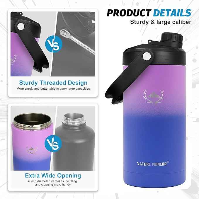 NATURE PIONEOR 64 oz Insulated Water Bottle - Double Vacuum Stainless Steel Half Gallon Water Jug with Holder/Carrier, Wide Mouth, Outdoor Sports, Hiking, Camping, Gym