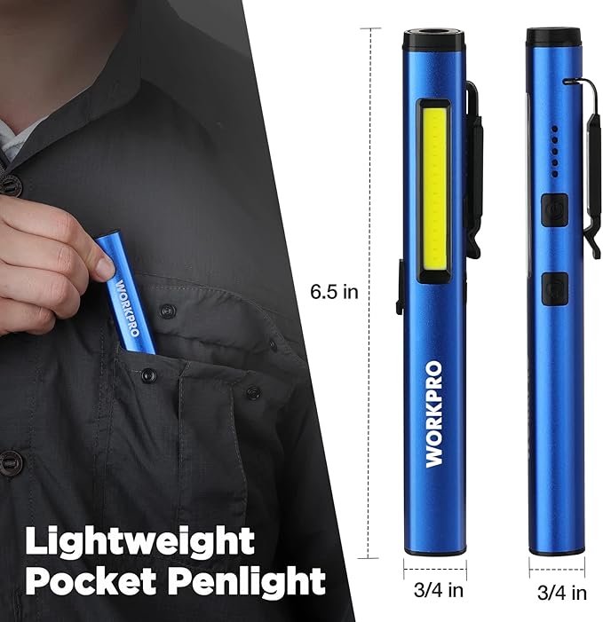 WORKPRO Rechargeable Flashlight, LED Pen Light with 365 nm UV Black Light, 450 Lumen Pocket Penlight, Magnetic Clip, for Hurricane Deluge Flood Emergency