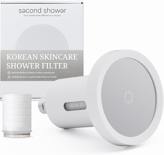 SecondShower Filtered Shower Head for Hard Water, Clinically Proven for Skin Health, NSF Certified 99.9% Chlorine Removal, High Pressure, Korean Beauty Secret Natural Filter Matte White - Pure Silver