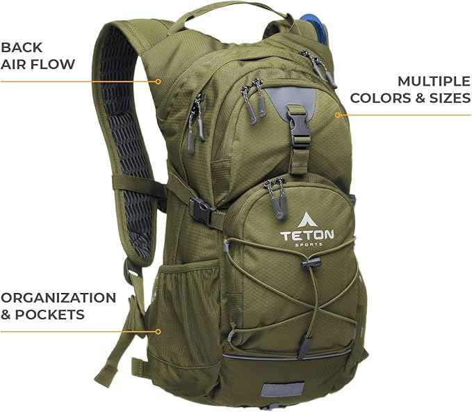Teton Oasis/Trailrunner Hydration Backpack – Lightweight Water Pack with 2L/3L Bladder for Hiking, Running, Cycling, Biking – 2L/18L/22L Sizes – Sewn-in Rain Cover – Fits Men and Women