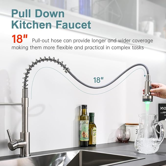GIMILI Kitchen Faucet with Soap Dispenser Single Hole Pull Down Sprayer LED Faucet, Suitable for Farmhouses, RV, Laundry Room, Outdoor, and Campers. Llave para fregadero de cocina Brushed Nickel