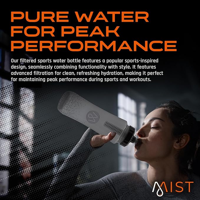 Mist Sports Squeeze Water Bottle with Built-In Filter for Pure Water, Lightweight and Easy Grip Squeeze Water Bottles Sports Quality, Leak Proof & BPA Free Athletic Water Bottle Squirt Top, Black