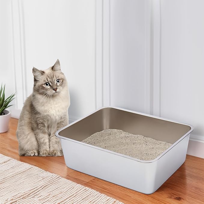 Stainless Steel Litter Box- 17.7" L x 13.77" W x 6" H Metal Cat Litter Box, Medium Cat Litterbox for Kitty or Rabbits,Non Stick, No Smell, Easy to Clean - AquaVibe