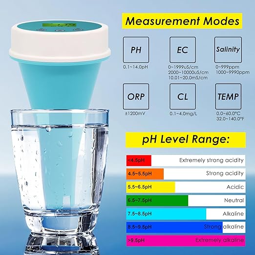 6-in-1 Floating Smart Pool Monitor with Bluetooth Connectivity | Accurate Water Quality Tester for EC, Salinity, pH, ORP, Temperature, and Chlorine | Digital Display for Pools, Hot Tubs, Swim Spas