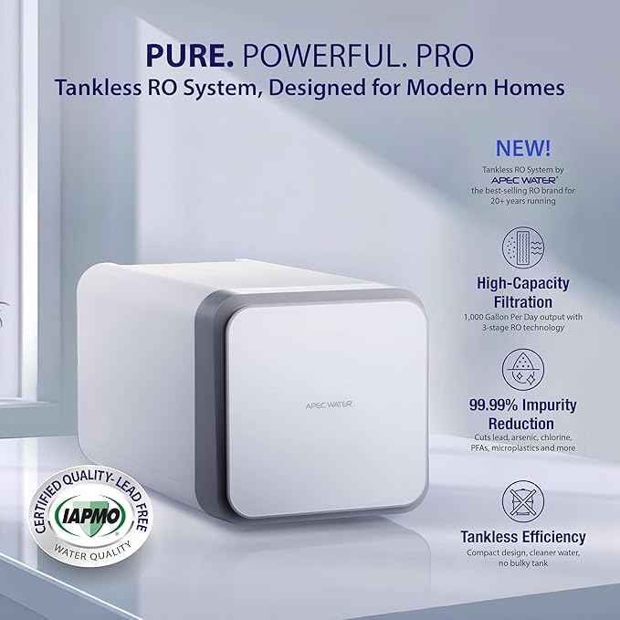 APEC Tankless Reverse Osmosis System, NSF 372 & 58 Certified 3 Stage Water Filtration Bottled Water Quality, High 1K GPD Faucet Flow, Efficient 2:1 Pure to Drain, Space Saving Design