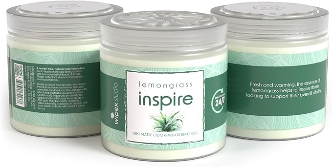 Wipex Odor Eliminator Gel Jar - Inspire Lemongrass 15oz, Odor Eliminator for Home, Effective Odor Absorber for Long-Lasting Freshness, Ideal for Rooms, Offices & Yoga Studios, 3pk