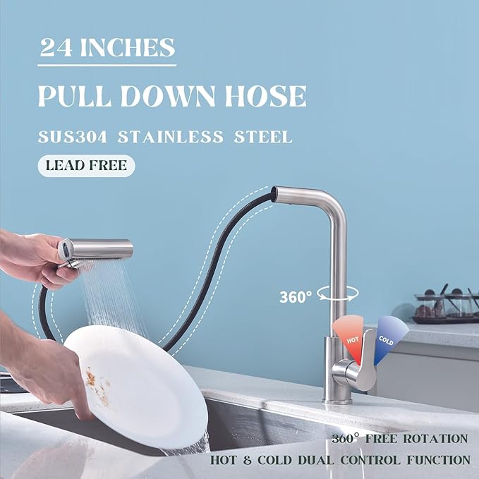 Kitchen Faucet with Pull Down Sprayer SUS304 Stainless Steel Waterfall Kitchen Sink Faucet 4 Functions Brushed Nickel Pull Out Kitchen Sink Faucets Utility Rv for 1 or 3 Hole Sink, KF2-BN