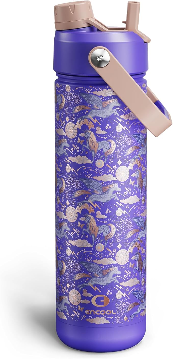 ENCOOL Insulated Water Bottle with Straw Stainless Steel Water Bottle, Leak-Proof, BPA-Free, Double Wall Vacuum Keeps Cold for 24 Hours for Sports, Travel, School (26 oz, Stellar Steed)