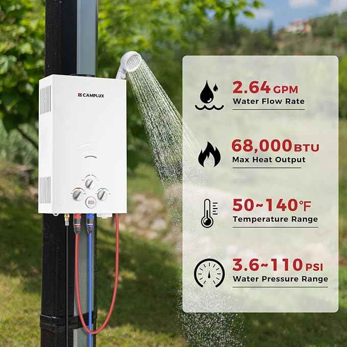 CAMPLUX Portable Propane Water Heater - 2.64GPM, 3.3GPM Pump & Pipe Strainer, 68,000 BTU for Camping & Off-Grid Cabins
