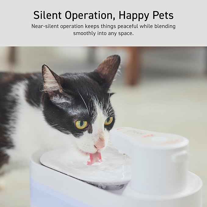 ELECOM Silent Cordless Automatic Pet Water Fountain, 2.5L Capacity, Motion Sensor & Timer Mode, Rechargeable 5200mAh Battery, 3-Layer Filtration, for Cat and Small Dog (White)