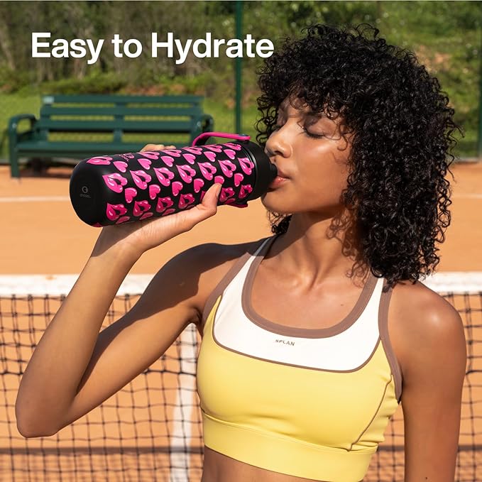ENCOOL Valentine's Day Insulated Water Bottle with Straw Stainless Steel Water Bottle, Leak-Proof, BPA-Free, Keeps Cold for 24 Hours for Sports, Travel, School (26 oz, Kiss Love Pink x Black)