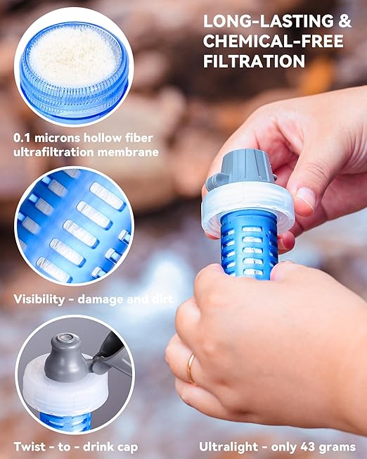 Outdoor Water Filter Bottle, BPA-Free Ultralight & Durable 1.0 L Collapsible Water Bottle with Two Filter Cap Cartridge, Filtered Water Bottle for Camping, Hiking, Backpacking