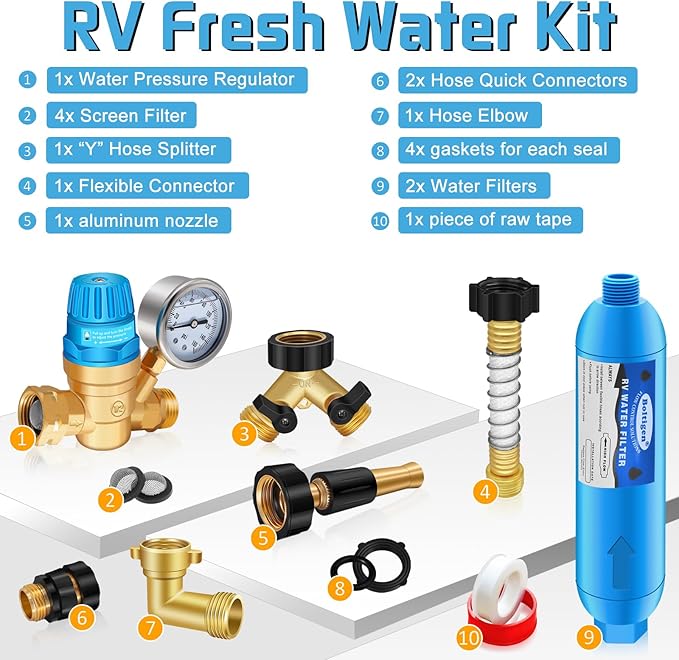 Boltigen RV Water Pressure Regulator Kit, RV Fresh Water Hose Kit with Inline Water Filter, Brass Elbow, Hose Splitter, Hose Quick Connects, Flexible Connector, 3/4'' GHT Leak Repair Kit for RV Camper