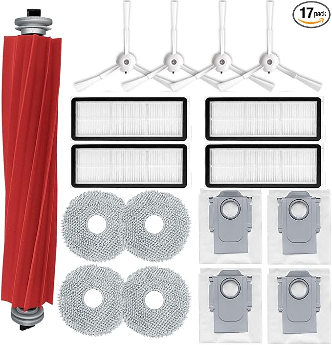 Accessories Kit Compatible with Roborock Qrevo S/Qrevo Maxv/Qrevo S/Qrevo Plus Robtic Vacuum Cleaner,17 Spare Parts,1 Main Brush Roller,4 Side Brushe,4 Mop Pads,4 Dust Bags,4 Hepa Filters (White-17) - AquaVibe
