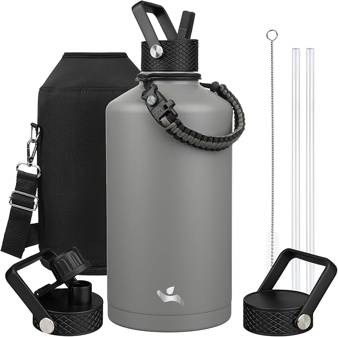 Gallon Insulated Water Bottle with Straw,128 oz 3 Lids Water Jug with Carrying Bag,Paracord Handle, Double Wall Vacuum Stainless Steel Metal Flask,Gray