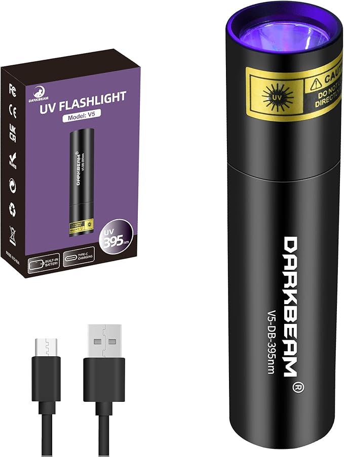 DARKBEAM UV Flashlight 395nm Light Blacklight, Mini But Powerful Woods Lamp USB-C Rechargeable, LED Ultraviolet Flashlights Pocket Pet Urine Detector for Mineral, Uranium Glass, Cured Resin