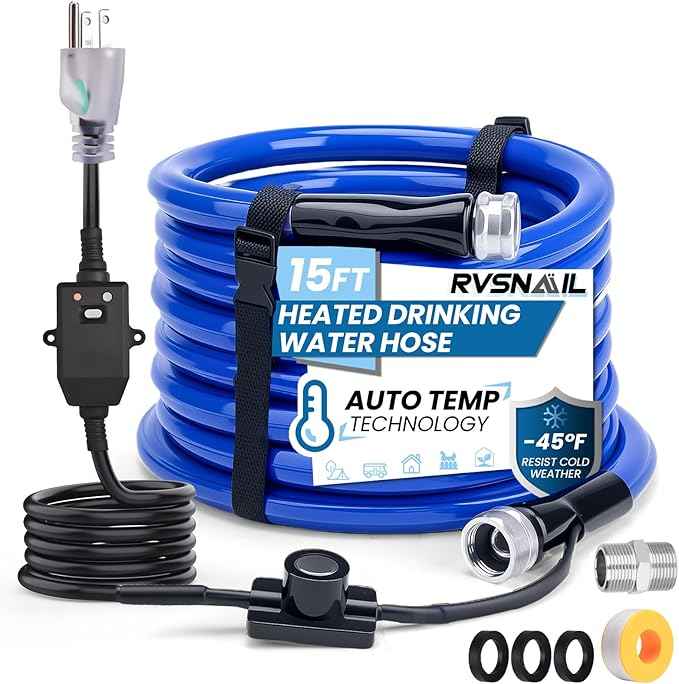 15FT Heated Water Hose for RV, Heated Drinking Water Hose Freeze Protection Down to -45°F, Lead and BPA Free, Smart Temperature Control, Ideal for RV, Camping, and Home