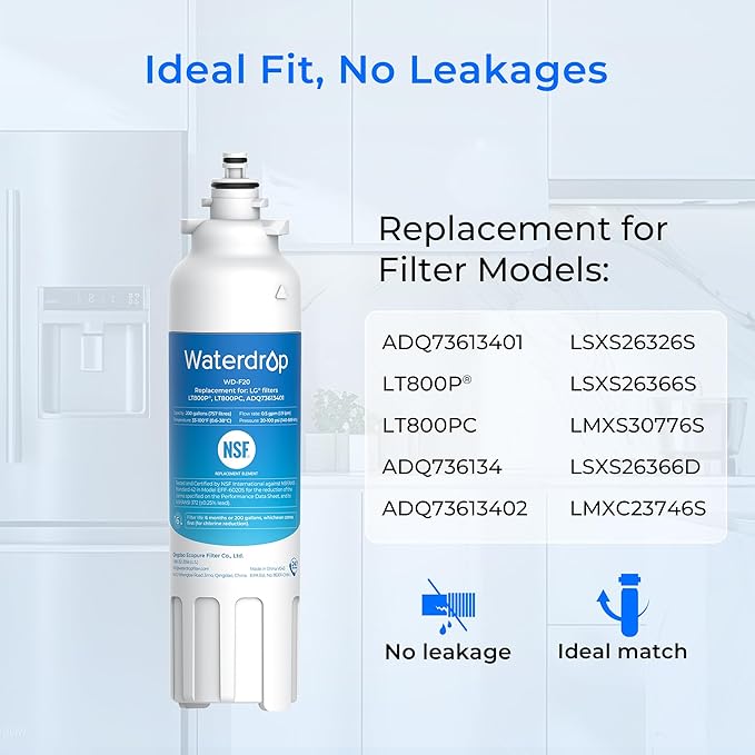 Waterdrop ADQ73613401 Refrigerator Water Filter, Replacement for LG® LT800P®, ADQ73613408, ADQ75795104, ADQ73613402, Kenmore 9490, 46-9490, LSXS26326S, LMXC23746S, LSXS26366S, WD-F20, Pack of 4