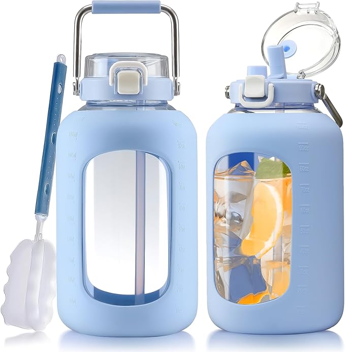 Large Glass Water Bottles with Stainless Steel Handle,100 oz Gallon Drinking Bottle with 2-in-1 Straw Lid,3 Liter Glass Water Jug with Silicone Sleeve,Wide Mouth,Light Blue