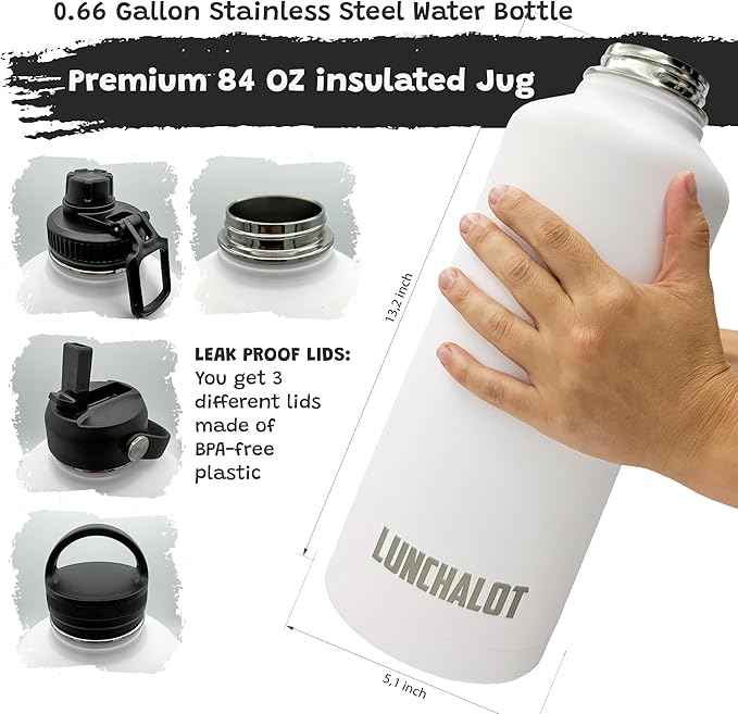 Half Gallon Water Bottle Jug - 84 Oz Insulated Stainless Steel Metal Water Jug with Holder - Carrying Bag - Spout Handle - Straw Lids - Keep Cold & Hot - White Tactical Flask