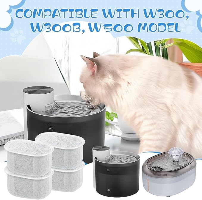Lemonfilter Cat Water Fountain Filter, 12 Pack Replacement Filters & 5 Pack Sponges Kit Compatible With W300&W300B&W500&W500B Cat Water Fountain for 2L and 3.5L Automatic Pet Fountain