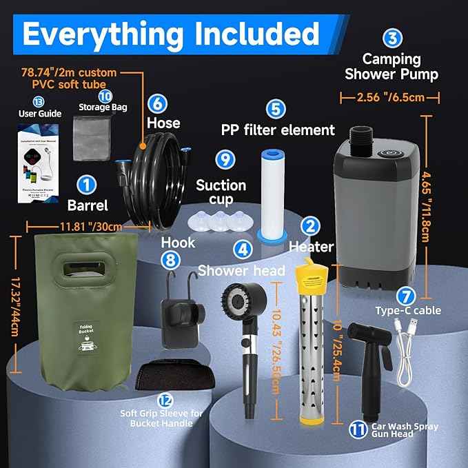 Portable Shower with Heater, 6000mAh Battery-Powered Portable Camping Shower Pump with 1500W Auto-Off Heater, 5.3Gal Foldable Bucket, Digital Display – Ideal for Hiking, RV, Dog Bathing
