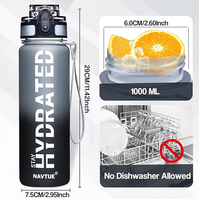 Water Bottle, 32oz Sports Water Bottles with Time Marker Wide Mouth, Motivational and Leakproof Drink Bottle, BPA Free Tritan with Carry Strap for Gym Fitness Outdoor (1 Bottle)
