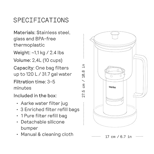 Aarke Purifier Regular Glass Pitcher Bundle w/Steel Filter, BPA-Free, 3 Enriched + 1 Pure Granules, 2.4L Pitcher with 1.18L Filtration Capacity