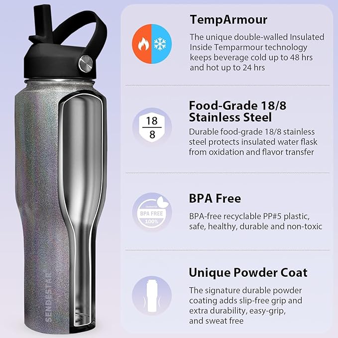 SENDESTAR Water Bottle,Wide Mouth Stainless Steel Vacuum Insulated Double Wall Keep Liquids Cold or Hot All Day,Sweat Proof Sport Design,Fit Car Cup Holder,Laser Grey,32 Ounces