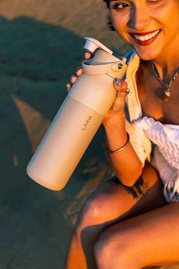LARQ Twice as Nice Set Bottle Swig Top 23oz - Insulated Stainless Steel Water Bottle With Built-In Silicone Handle, Mojave Dune & Obsidian Black