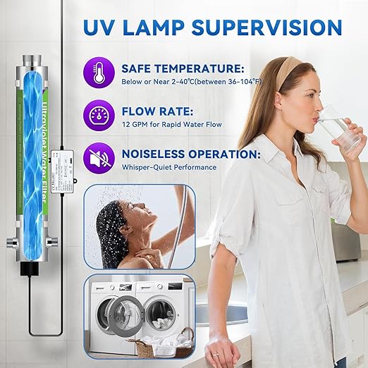 UV Water Filter Whole House, 12GPM 120V 55W Water Purifier Filter System for Whole House, 1" MNPT Inlet/Outlet for Water Purity, Whole Home for Water Purification, +1 Extra Bulb