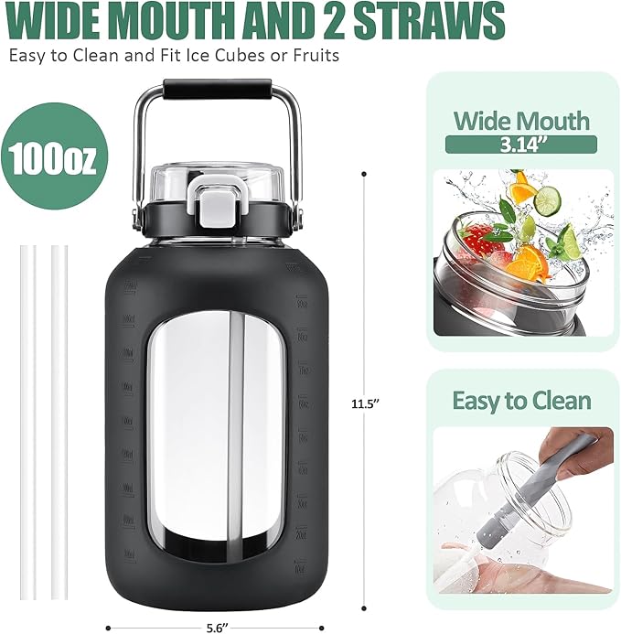 Large Glass Water Bottles with Stainless Steel Handle,100 oz Gallon Drinking Bottle with 2-in-1 Straw Lid,3 Liter Glass Water Jug with Silicone Sleeve,Wide Mouth,Black