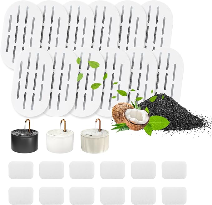 Ceramic Cat Water Fountain Filters, 12 Pack Replacement Filters & 12 Pack Replacement Pre-Filter Sponges Set for MISFANS and Other Ceramic Pet Fountain Water Dispenser