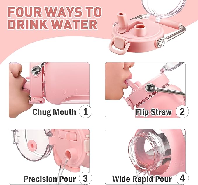 84oz Glass Water Bottle with Stainless Steel Handle,2.5L Gallon Water Bottle with 2-IN-1 Straw Lid, Silicone Sleeve and Motivational Capacity Marker, Wide Mouth Water Jug For Gym, Workout, Pink