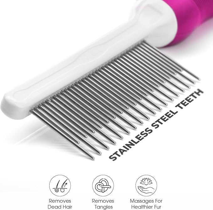 Poodle Pet Detangling Pet Comb with Long & Short Stainless Steel Teeth for Removing Matted Fur, Knots & Tangles – Detangler Tool Accessories for Safe & Gentle DIY Dog & Cat Grooming (Pink) - AquaVibe