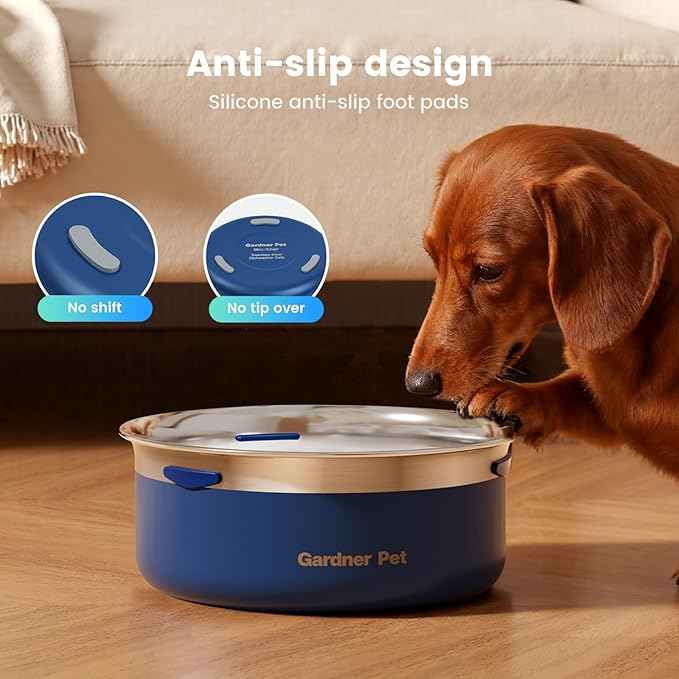 Gardner Pet Slow Water Bowl for Dogs, 2L/68oz Spill-Proof Pet Water Bowl with Floating Disk & Filter Screen, Stainless Steel No-Spill Water Dispenser for Medium Large Pets