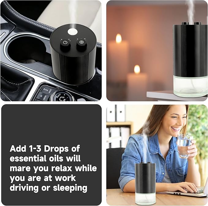 Waterless Essential Oil Diffuser for Home, Cordless Oil Diffuser, Mini Scent Air Diffuser for Car Hotel Room Studio, Oil 5/10/110ml Capacity, Battery Operated 3 Timers & Mist Levels(Button)