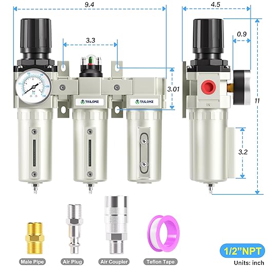 TAILONZ PNEUMATIC 0-240PSI 1/2 Inch NPT Industrial Grade Three Stage Air Drying System, Particulate Filter, Coalescing Filter, Desiccant Dryer and Air Regulator (Manual Drainage) - AquaVibe