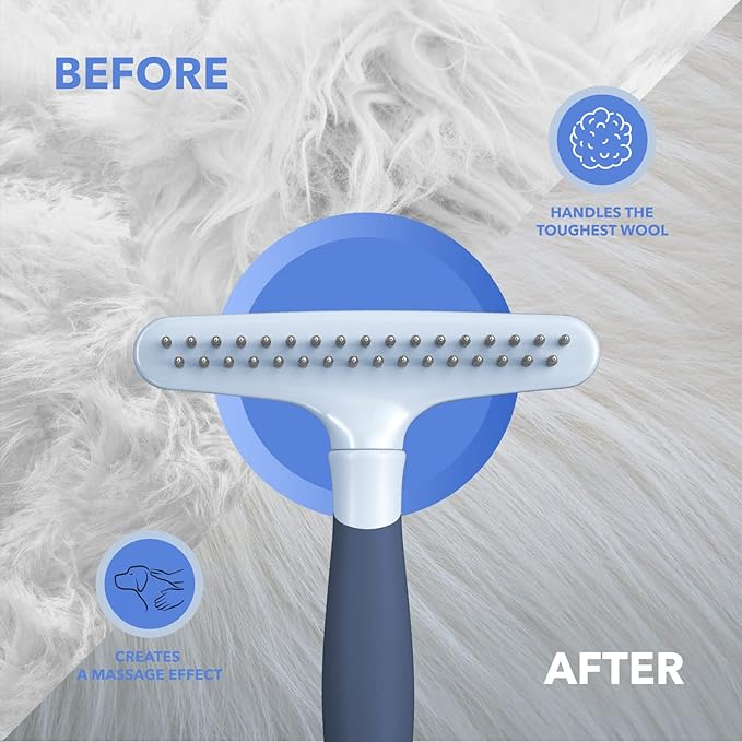 Dog rake deshedding dematting Brush Comb - Undercoat rake for Dogs, Cats, matted, Short,Long Hair Coats - Brush for Shedding, Double Row Stainless Steel pins - Reduce Shedding by 90% (Haze Blue) - AquaVibe