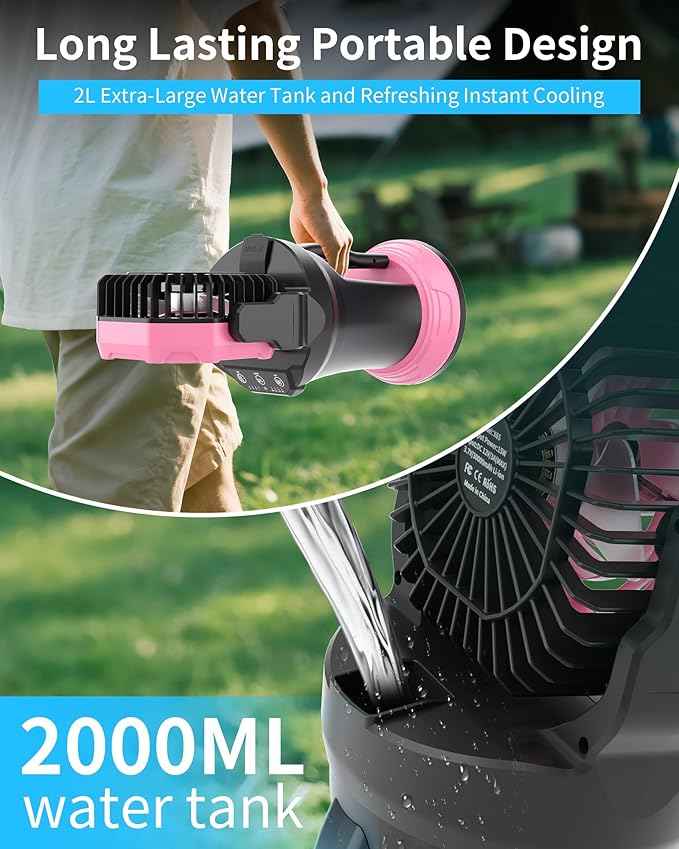 AVV Portable Misting Fan with RGB Ambient Light- 2L Water Tank, 4 Speeds & Spray Mist Fan, 30000mAh Rechargeable Misting Fans for Outdoor/Indoor Fans for Camping, Patio, Garden, Black-Pink