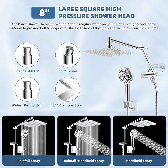 All Metal Rain Shower Head, 8” High Pressure Rainfall Shower Head with Handheld Showerhead, 5" Large Panel Handheld Spray Powerful Clean 10 Modes, 16" Stainless Steel Adjustable Extension Arm, Chrome