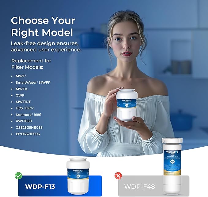 Waterdrop Plus WDP-F13 Reduce Lead&PFAS, Replacement for GE® MWF®, SmartWater® MWFP, HDX FMG-1, MWFA, WFC1201, RWF0600A, Kenmore® 469991 Refrigerator Water Filter(Package May Vary)
