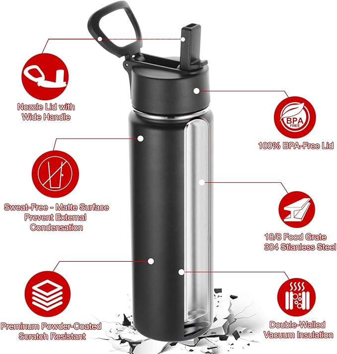 Volhoply Insulated Water Bottles with Straw Bulk 8 Pack, 22 oz Stainless Steel Sports Bottle with Lid,Double Walled Vacuum Metal Cups with Wide Mouth, Reusable Water Flask for School(Black,8 Set)