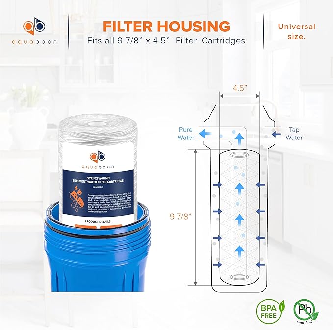 Aquaboon 5 Micron Water Filter 10 x 4.5 inch - String Wound Water Filter for Whole House System - Compatible with 84637, WPX5BB97P, PC10, 355214-45, 355215-45, WP10BB97P, WP5BB97P (6 Pack)