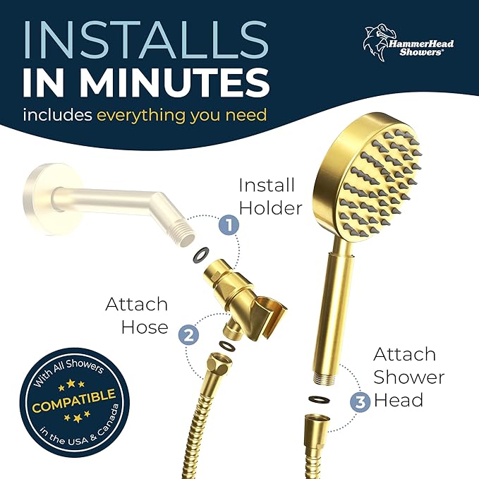 HammerHead Showers® Solid Metal Handheld Shower Head with Hose and Brass Holder - BRUSHED GOLD - 2.5 GPM High Pressure Shower Heads with Adjustable Shower Wand Bracket - 6ft Flexible Extension