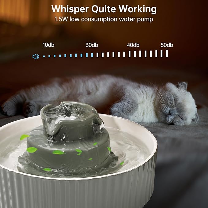 Ceramic Cat Water Fountain, 2.1L/70oz Ceramic Pet Water Fountain Automatic Cat Drinking Fountains Pet Water Bowl, Porcelain Cat Water Dispenser with Ultra-Quiet Pump for Cats and Dogs(Grey)