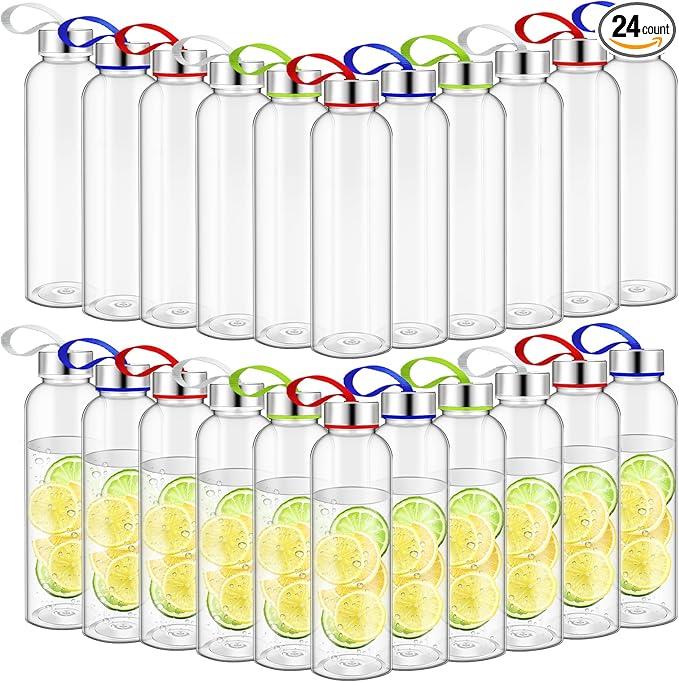 Zubebe Reusable Clear Water Bottles Bulk with Stainless Steel Leak Proof Lids Sports Bottles with Nylon Camying Strap for Party Gift Water Milk Smoothie Juice Beverage