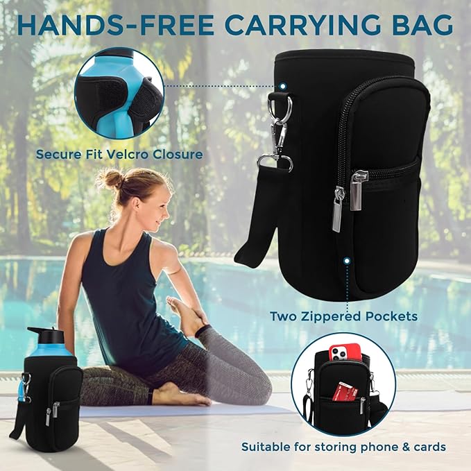 Travel Water Bottle with Carrying Bag, 3 Lids (Spout, Straw, Handle), and Bottle Brush; Leak Proof, Quality, Vacuum Insulated, Stainless Steel (Twilight, 64 oz)