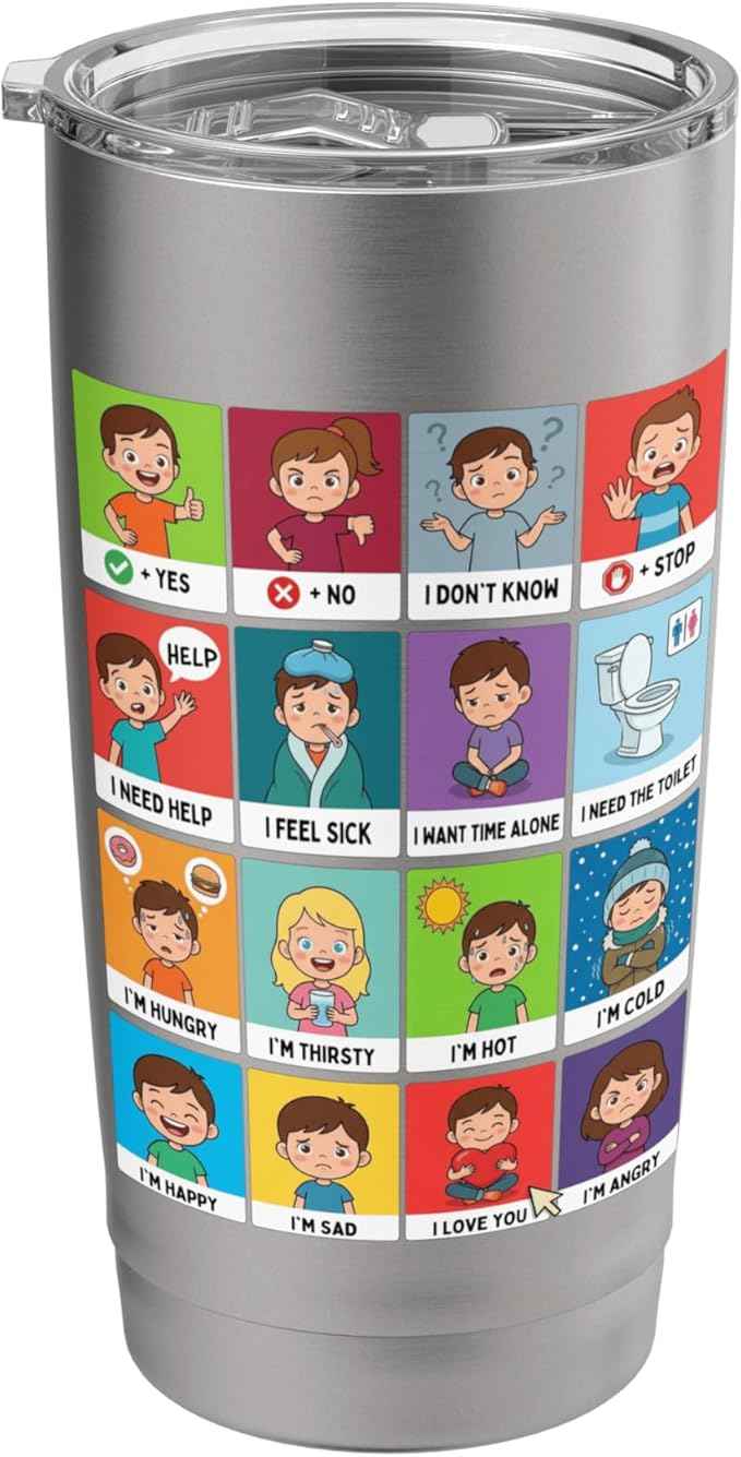 Autism ACC Communication Non Verbal Visual Aid Autistic Kids Stainless Steel Insulated Tumbler